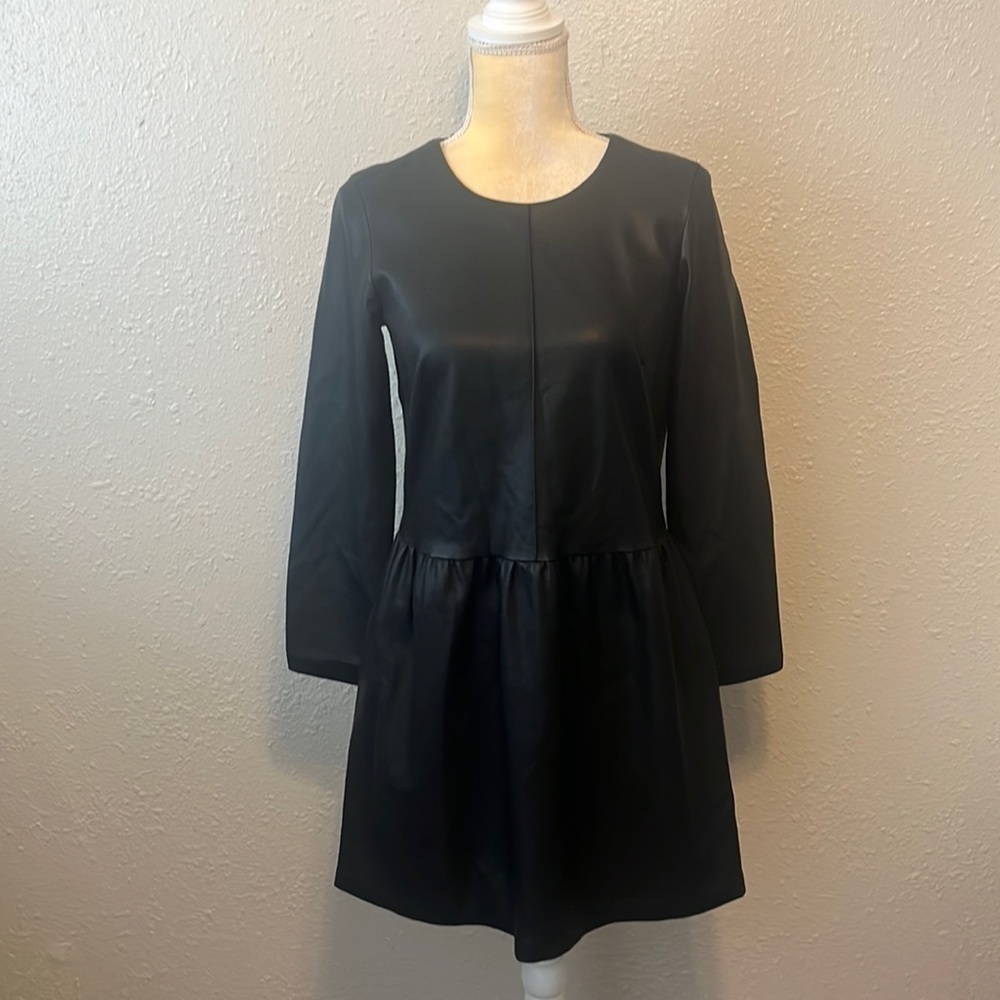 Zara Black Faux Leather Skater Long Sleeve Dress Size‎ S